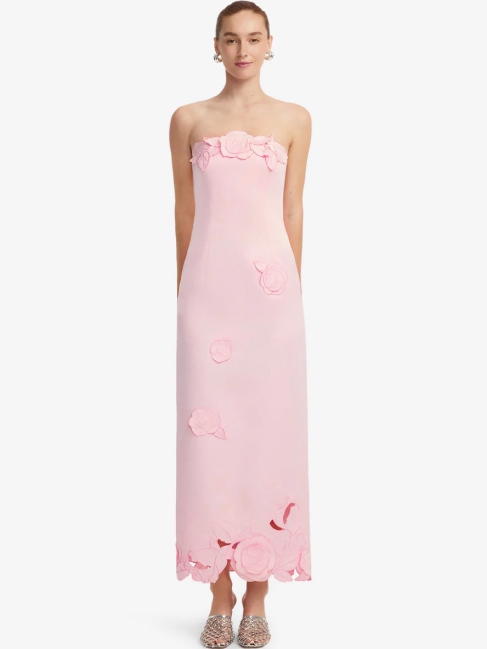 NWT Leo Lin Rayna Strapless Pink Floral Appliqué Maxi Dress